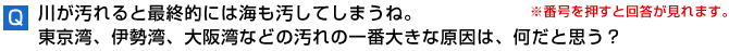 川が汚れると最終的には海も汚れてしまうね。　東京湾、伊勢湾、大阪湾などの汚れの一番大きな原因は、何だと思う？