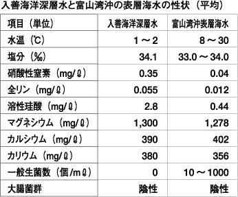 入善海洋深層水と富山湾沖の表層海水の性状（平均）